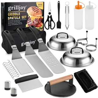 Grilljoy Plancha Zubehör Set Edelstahl, 28-teilig für Burger & Grill | Perfektes Smash Burger Set mit Grillspatel und Burgerpresse, ideal für Outdoor, Camping, Garten&Terrasse, für Plancha-Grill