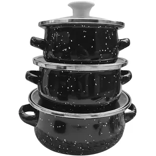 FLCPJGV 3-teiliges Emaille-Topf-Set Emaille-Kochgeschirr-Set Multifunktionales Universalzubehör Doppelgriff-Topf Suppentopf Home Kitchen, Schwarz