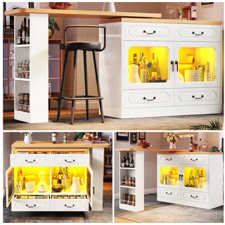 Fine Life Pro Sideboard Bar-Tisch weiß, ausziehbar 135-203 cm, 360° drehbar, LED