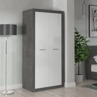 FORTE TREBBIA Schrank 90 95, Kleiderschrank Industrial, Drehtürenschrank, 2-türig mit Einlegeböden und Kleiderstange, Weiß Hochglanz/Betonoptik Dunkelgrau, 91 cm breit x 197 cm hoch x 53.5 cm tief