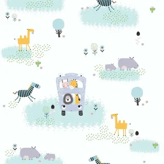Bricoflor Kindertapete mit Tieren Bunte Tapete mit Giraffe und Nilpferd in Bus ausgefallene Vliestapete Ideal für Kinderzimmer Von Jungen und Mädchen