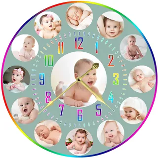 S&H&OU Benutzerdefinierte Wanduhr, Fotowanduhren für Wohnzimmerdekoration mit Foto, leise Wanduhr für Kinder, Personalisierte Fotowanduhr zum Aufhängen von Geburtstagsfotos