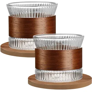 LEKEFETO Espressotassen Set Glas, 2 Stück 170 ml Espresso Gläser mit Holzuntersetzern, Japanische Teetasse aus Glas, Latte Macchiato Gläser, für Tee, Espresso Tassen - Transparent