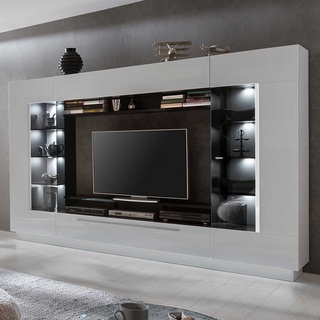 Moderne TV Wand in Hochglanz Weiß 275 cm breit