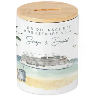 Spardose Schiff personalisiert als Reisekasse für die Kreuzfahrt | Personalisierte Spardose aus Keramik mit Bambusdeckel, 8,3 x 9,9 cm, Brillanter Druck