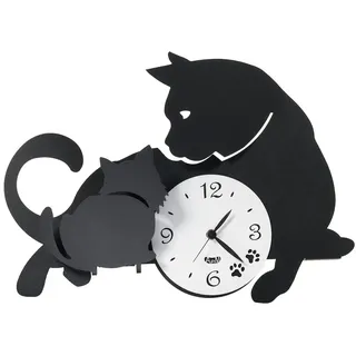 Mamma Gatta Wanduhr 38 x 27 cm aus schwarzem Eisen - Design mit Katze und Kätzchen - Leiser Batteriemechanismus - Hergestellt in Italien