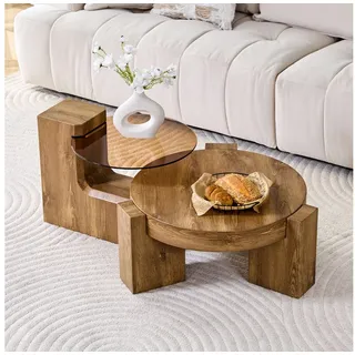 STILVORA Couchtisch runder Wohnzimmertisch 2er set Beistelltisch mit Holzmaserung (Sofatisch mit zwei Ebenen-Transparente in L-Form, Zerlegbares Design für eine flexiblere Raumnutzung), Einfache Montage und Pflege
