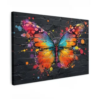 OnlyWow© Outdoor Leinwand Bild 150x100 cm Gartenbild Wetterfest Terrasse Deko Balkon Wandbild Außendekoration Modern Draußen Schmetterling - Graffiti - Neonkunst - Farbenfroh - Kunst
