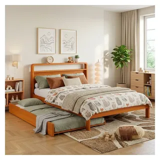 STILVORA Holzbett 140×200 mit Kopfteil Funktionsbett Doppelbett, ohne Matratze (Ausziehbett, abgerundetes Kopfteil, Holzoptik, 90×190 Zusatzliege, platzsparend, natürliche Holzfarbe), Für Schlafzimmer, Jugendzimmer, Gästezimmer