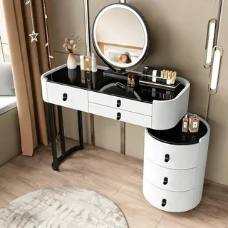 MJKCBD Schminktisch mit Spiegel, Klassiker Weiß Frisiertisch mit Hochglänzende Platte aus Gehärtetem Glas, 6 Schubladen und Seitenschrank, 100cm Kosmetiktisch für das Schlafzimmer, PU-Lederoptik