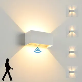LED Wandleuchte Innen/Aussen mit Bewegungsmelder,24W Wandlampe,IP 65 Wasserdichte Außenwandleuchte 3000K Warmweiß Wandbeleuchtung,Modern Aussenleuchte mit Up Down Einstellbar Abstrahlwinkel,weiß