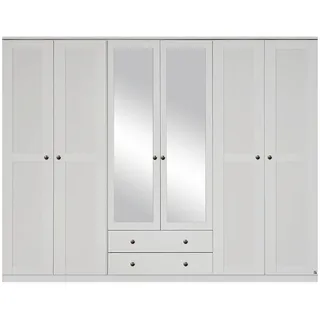 Rauch Möbel Rosenheim Schrank Kleiderschrank Drehtürenschrank mit Kranzblende Weiß 6-türig mit Spiegel und 2 Schubladen inkl. Zubehörpaket Basic 3 Einlegeböden, 3 Kleiderstangen, BxHxT 271x212x58 cm