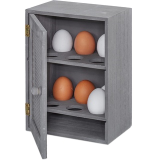 Relaxdays Eierbecher einfach - Schrank 12 Eier, Eierbecher Küche, Tablett, 1 Stück, Holz und Metall, 25 x 18 x 12 cm grau
