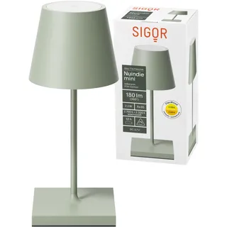 SIGOR Nuindie mini - Dimmbare kleine LED Akku-Tischlampe Indoor & Outdoor, IP54 spritzwassergeschützt, Höhe 25 cm, aufladbar mit Easy Connect, 12 h Leuchtdauer, salbeigrün