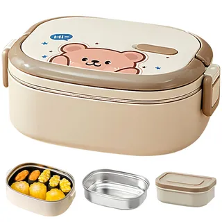 Thermo-Lunchbox, 850 ml, Edelstahl, warme Speisen, Lunchbox für Kinder, auslaufsicher, Bärenmuster, Thermo-Lebensmittelbehälter mit Saucenschale