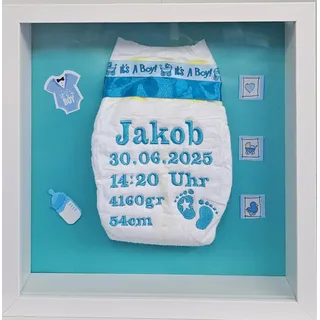 Windelbild "Baby Boy" im 3D-Rahmen – personalisiertes Geschenk zur Geburt oder Taufe – handgefertigte Erinnerung für Jungen – Babybild mit Namen & Datum