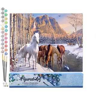 Figured'Art Malen Nach Zahlen Erwachsene Pferde im Winter - Paint by Numbers Basteln DIY Bastelset 40x50cm ohne Holzrahmen