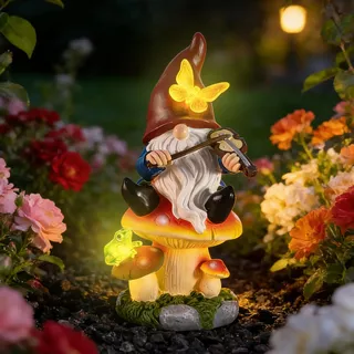 Gartendeko Figuren Gartenzwerg mit Blumen Solarlampen,Garten Deko Gartenfiguren für Außen mit LED-Solarlaterne,Solar Figuren für Außen Wasserdicht Gartenstatuen,Haus, Hof, Rasen, Balkon Deko (04)