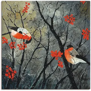 Leinwandbild ARTLAND "rote Vögel im Winter", rot (farbe bild(er): rot), B:100cm H:100cm, Bilder, Leinwandbild, auf Holzrahmen gespannt