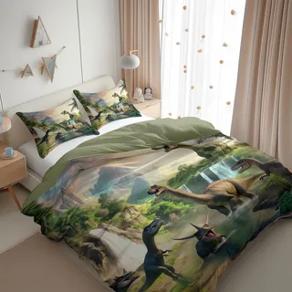 CozyRest Bettbezug 135 x 200 cm Dinosaurier Dschungel-Stil Muster 3 Teilig Bettwäsche-Sets Weich Mikrofaser mit 2 mal Kissenbezüge 80x80 cm, Bügelfrei Salbeigrün Bettbezug für Allergiker geeignet