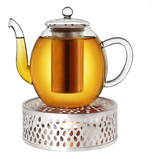 Creano Teekanne aus Glas 1,5l + ein Stövchen aus Edelstahl, 3-teilige Glasteekanne mit integriertem Edelstahl Sieb und Glasdeckel, ideal zur Zubereitung von losen Tees, tropffrei