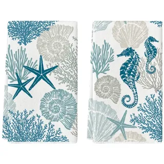 Dermalyx 2 Stück Sommerliche Korallen Seesterne Seepferdchen Küchentücher, Handtücher, Leichte Geschirrtücher, Saisonale Sommer Dekoration, Set Aus 40 X 60 cm