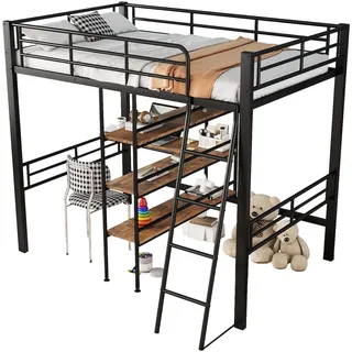STILVORA Hochbett 90x200 mit Schreibtisch, Regalen und Leiter, Metallbett mit stabilem Eisenrahmen, Stauraum, platzsparend, modern, schwarz