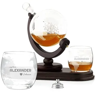 Maverton Whisky Karaffe mit Gravur, Globus mit Schiff, 850 ml + 2 Gläser | 2Er Whiskygläser Set, Whisky Decanter, Geschenk zum Geburtstag für Männer- personalisiert, My Lover