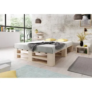 Lermowood Palettenbett M2 aus Holz 200 x 200 cm Natur mit Lattenrost Holzbett 30cm Stabiles Seniorenbett Kinderbett Jugendbett Gästebett erhöhtes Einzelbett Bettgestell Futonbett Komforthöhe Naturholz