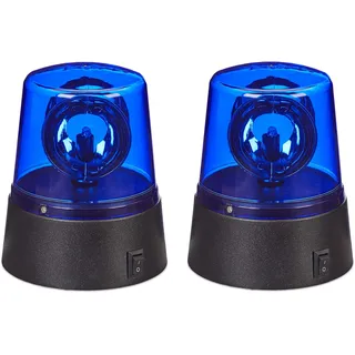 Relaxdays LED Blaulicht, 2er Set, Rundumleuchte mit drehendem Reflektor, Partylicht, Geburtstag, batteriebetrieben, blau
