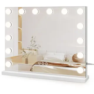 Dripex Hollywood Schminktischspiegel mit Beleuchtung, Schminkspiegel mit 14 Lampen und 3 Farbtemperatur Licht, Kosmetikspiegel mit Touch Steuerung, 50 x 42 cm Weiß, Aufstellung oder Wandmontage