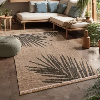 Paco Home Hochwertiger Outdoor Teppich Wetterfest & Pflegeleicht Jute-Sisal-Optik mit Fransen & Hoch-Tief-Effekt Langlebig für Terrasse, Balkon, Garten & Küche, Grösse:120x160 cm, Farbe:Beige 2