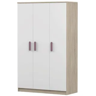 Kinder-Kleiderschrank 120 cm – Sonoma/Weiß mit erika Griffe, Kleiderstange & Einlegeböden JONAS 19 - Weiß