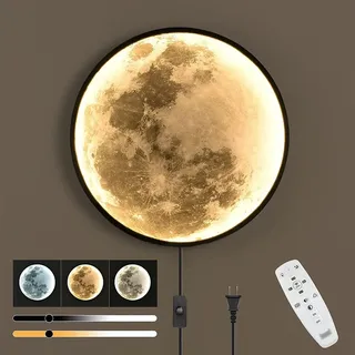 Mond LED Wandleuchte Innen Dimmbar Wandlampe mit Stecker und Schalter Rund 3D Mondlampe Wand Nachttischlampe mit Kabel 3000K-6000K Fernbedienung Deckenleuchte Mond Kinderzimmer Schlafzimmerlampe 50CM
