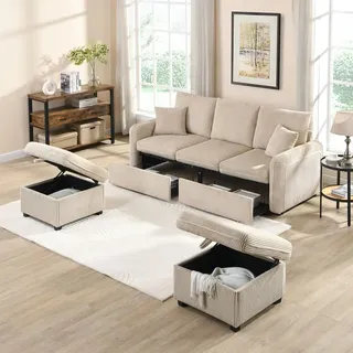 Merax Ecksofa U-Form mit Schlaffunktion und Stauraum, Dreisitzer Sofa-Set mit 2 Hocker – Chenille-Stoff, Metallrahmen, Modular Kombinierbar, Beige - Beige