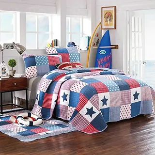 Lanqinglv 100% Baumwolle Tagesdecke 200x230cm Kinder Sterne Muster Patchwork Bettüberwurf Gesteppt Tagesdecke Quilt mit Kissenbezug Set Bettdecke Steppdecke