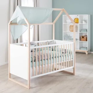 roba Hausbett 70x 140 cm - Babybett umbaubar zum Kinder/Juniorbett - Höhenverstellbar - 3 Schlupfstäbe - Gitterbett in Rahmenoptik aus Buche natur/Holz weiß