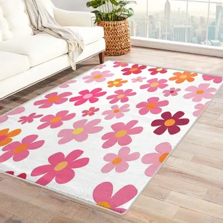Generisch Blumen Teppich Kinderzimmer - Teppich Wohnzimmer Schlafzimmer Rosa Blumen, Kleiner Teppich Kinder Mädchen, Weich Kurzflor & Waschbar & rutschfest Fussmatte Innen, Kinderteppich 80x150 cm