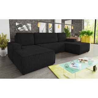 Sofnet Wohnlandschaft mit Schlaffunktion Totti - U-Form Couch, Schlafsofa mit Bettkasten, Couchgranitur mit Bettfunktion, Big Sofa, Cord Stoff, Wohnzimmer... Schwarz