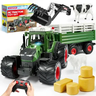 SYNCFUN Ferngesteuertes Traktor-Spielzeugset – Großes landwirtschaftliches Fahrzeug mit Anhänger, Lader, Lichtern und Geräuschen