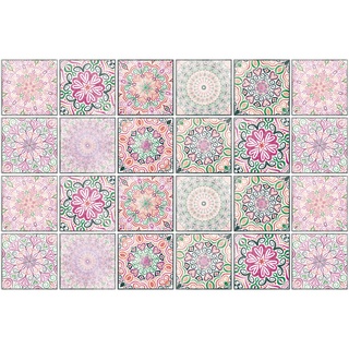 24 stück Mosaik Bodenaufkleber Wandfliese Aufkleber Rosa Mandala Blumen PVC Fliesensticker Fliesen Marokko Selbstklebende Tapete Wasserdicht Wandaufkleber für Küche,Schrank,Möbel,Tisch