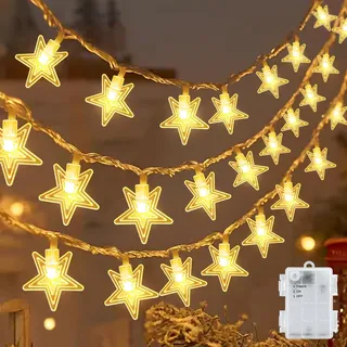 cshare Led Lichterketten Sterne Außen, 6M 40LED Fünfzackiger Stern Batteriebetriebene Lichterkette mit Timer IP65 Wasserdicht für Jar Garten Camping Weihnachten Innen Außen Dekorationen,Warmweiß