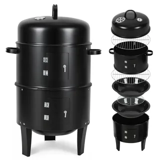 Hebitod 3 in 1 Räucherofen Smoker Grill mit Thermometer, Holzkohle Räuchertonne mit 2 Türen, 2 Ebenen & regulierbarer Lüftungsklappe, kompakter BBQ Holzkohlegrill für Garten, Balkon & Camping