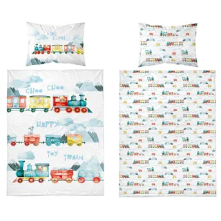 DETEXPOL Babybettwäsche Set Eisenbahn – 100x135 cm + 40x60 cm – 100% Baumwolle, Öko-Tex Standard 100, atmungsaktiv & hautfreundlich, Jungen & Mädchen, Wende-Bettwäsche mit Reißverschluss (Grün)