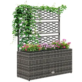 Outsunny Pflanzgefäß mit Rankgitter, Hochbeet mit 3 Innentöpfen, Stahlrahmen und PE Rattan, 84x30x107cm, Grau
