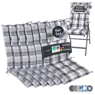 LILENO HOME Gartenstuhl Auflagen als [6er Set - Hochlehner] in Karo Grau Y | bequeme Liegen als Sitzauflagen für Gartenmöbel - Stuhlkissen für Gartenstühle und Klappstühle MAR