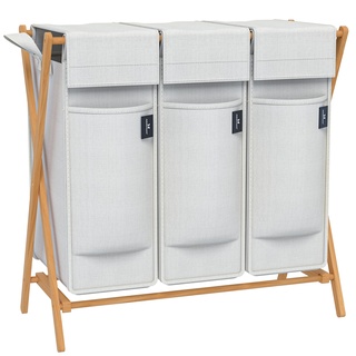 AdelDream Wäschekorb 3 Fächer 150L Bambus Wäschesammler Wäsche Sortiersystem X-förmige Wäschebox laundry baskets Wäschesortierer Hellgrau