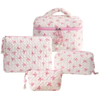 Kosmetiktasche Set Kulturtasche Damen mit Blumen, Baumwolle Make Up Tasche Bag, Tragbare Schminktasche Kulturbeutel Reise Zuhause, Cosmetic Bag Frauen Mädchen, Aesthetic Stuff Clean Girl