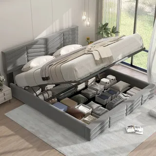 Merax Hydraulisches Boxspringbett 180x200cm mit höhenverstellbarem Kopfteil, Lattenrost und Stauraum, Polsterbett Stauraumbett Funktionsbett Doppe... - Grau