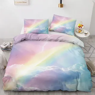 Generisch Bettwäsche 135x200 Regenbogen - Wolke Deko Bettbezug 2er Set mit 1 Kopfkissenbezug 80x80, mit Reißverschluss, Weiche Kuschelige Bügelfreie Mikrofaser Wendebettwäsche ZJY2444